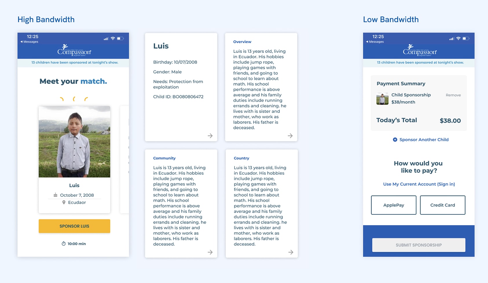A graphic with UI showing their child match, and other ways to pay. Including details about the child.