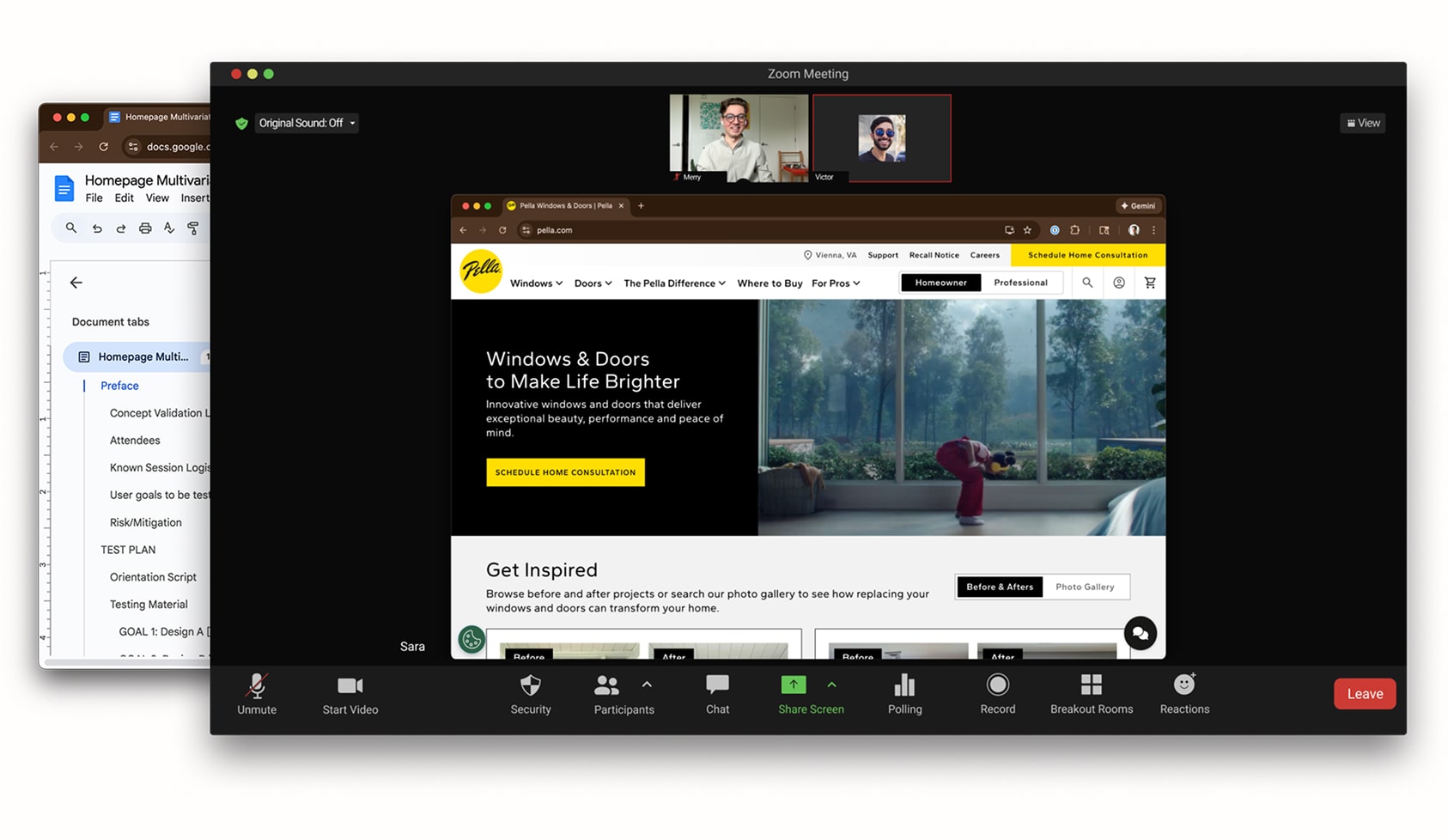 Image of fake user testing session on video call, with protocol.