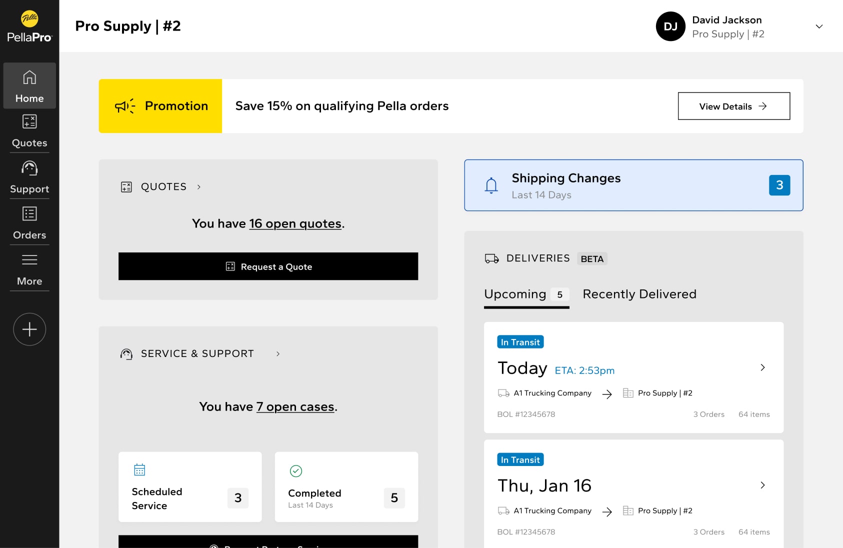 Pella Contractor app on the home page, showing quotes, promotions, service, deliveries and more.