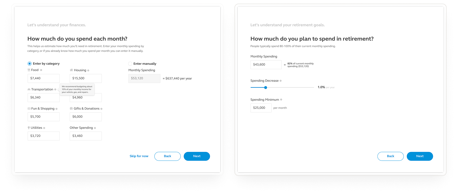 Principal UI, showing a wizard flow with how much is spent each month and how much they plan to spend in retirement.