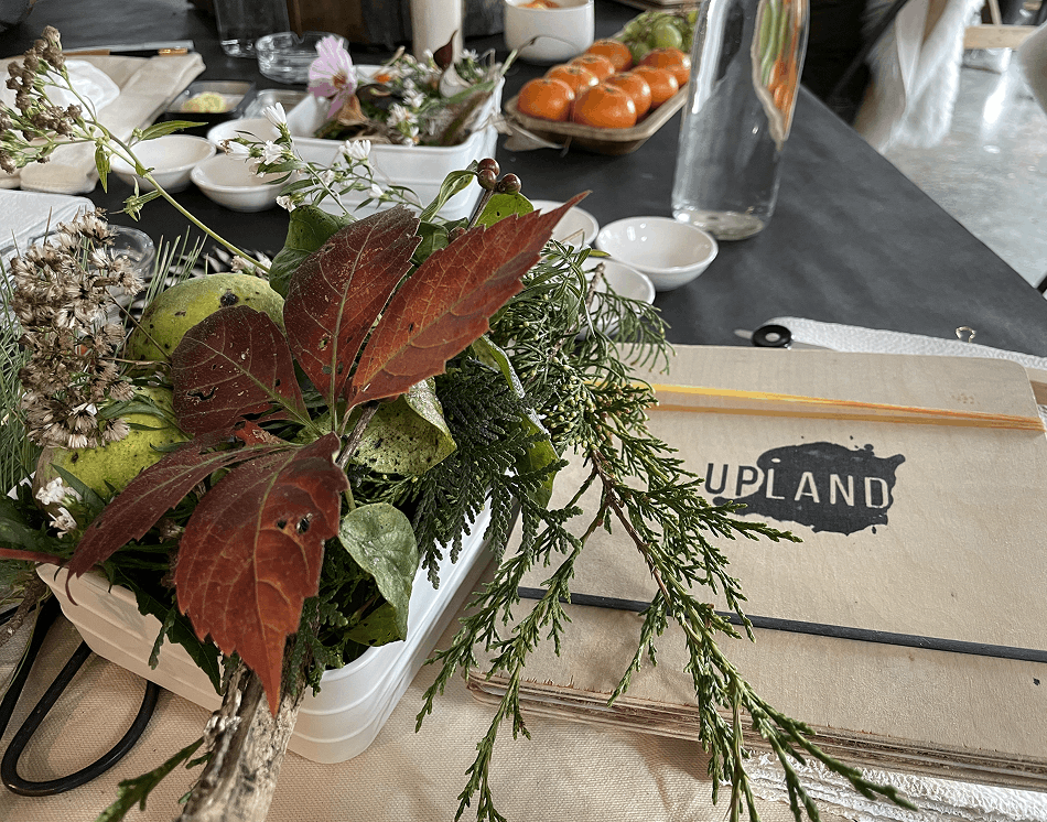 Floral arrangement on a table at Upland